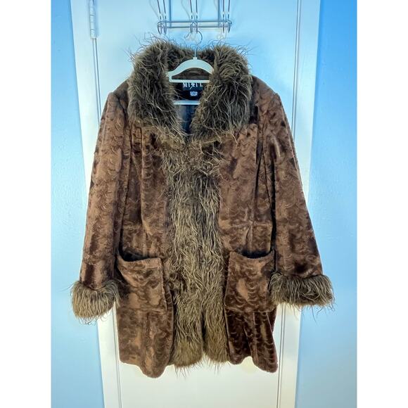 VTG Y2K Mixit Faux Fur Velvet Velour Penny Lane Coat XL Brown Shaggy Boho - Picture 1 of 11